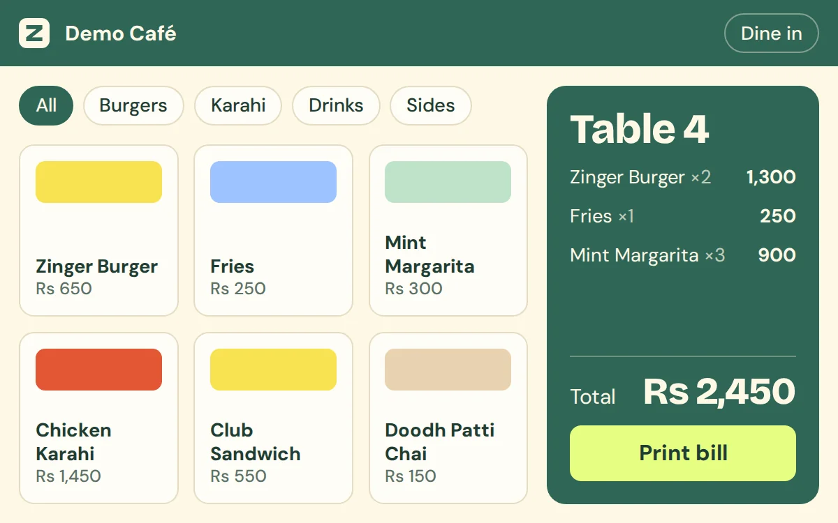 POS billing screen with menu items and a Table 4 bill