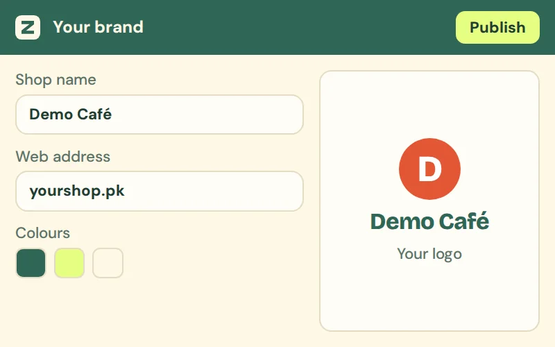 Brand settings with shop name, web address, colours and logo