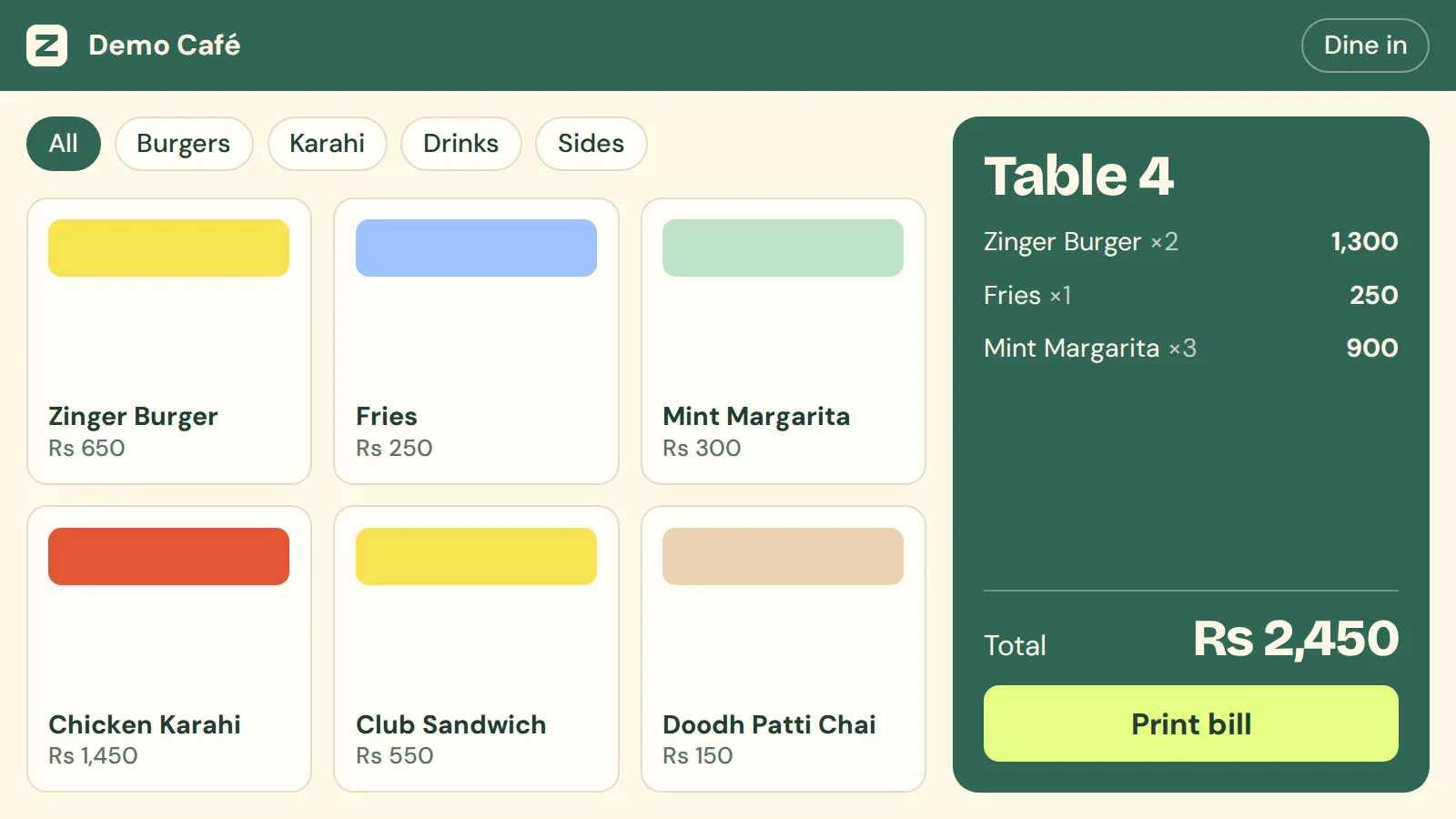 POS billing screen with a Table 4 bill